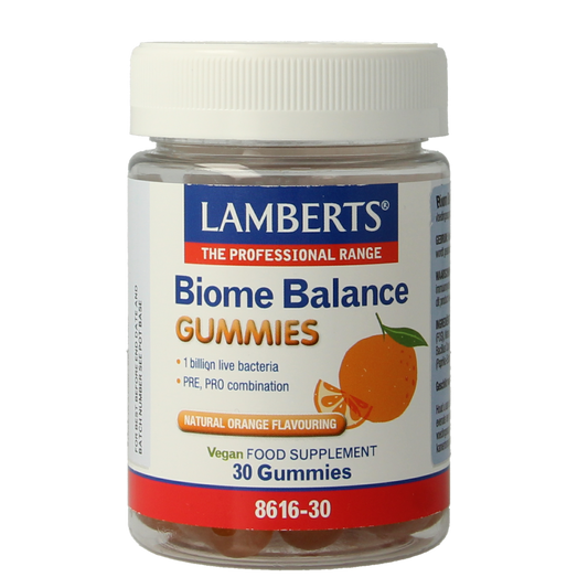 Lamberts Bioom Balans gummies, herbal supplement, 30 gummies in a clear bottle with colorful label and gummy tablets inside.