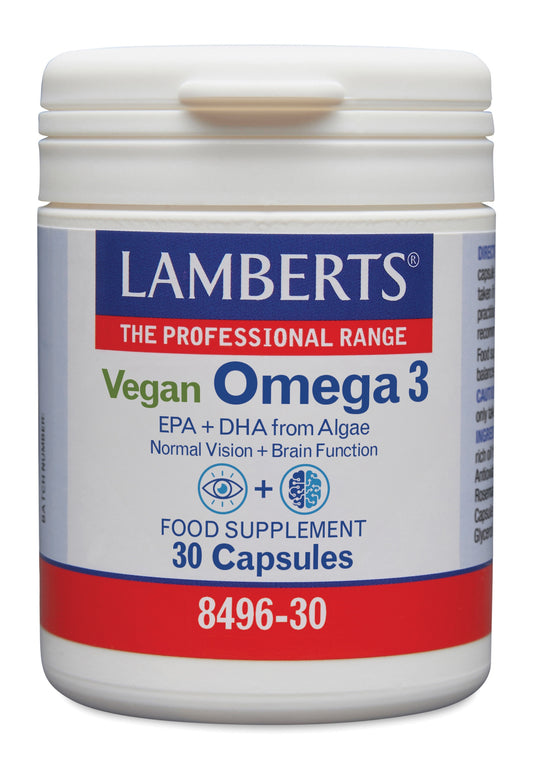 Lamberts Omega 3 vegan Vetzuren capsules, 30 count, showing the softgel capsules and label with brand logo.
