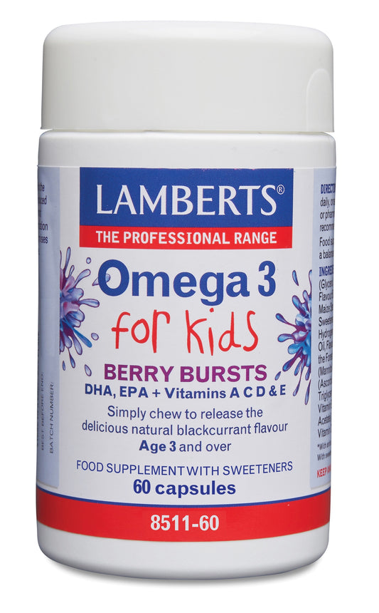 Lamberts Omega 3 Vetzuren capsules for kids, 60 capsules, with colorful packaging and a close-up of the product bottle.