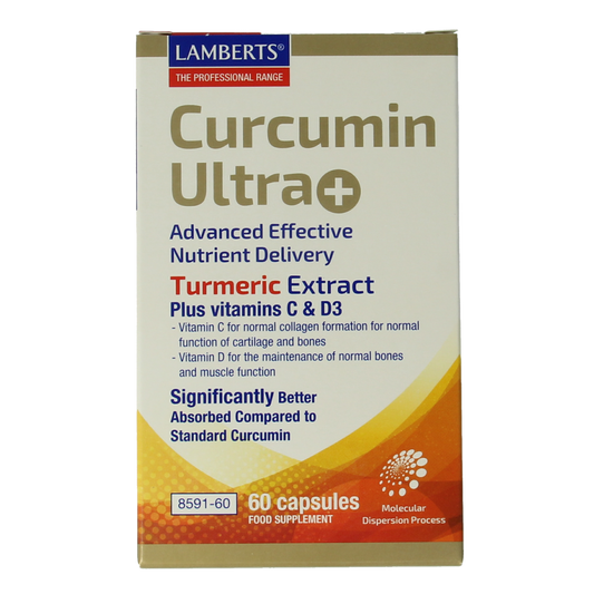 Lamberts Curcumine Ultra+ capsules in a bottle, herbal supplement for joint and immune support, with 60 capsules.