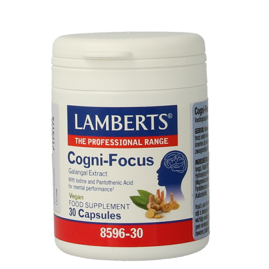 Lamberts Cogni-focus capsules, herbal supplement for cognitive support, in a bottle with capsules visible.