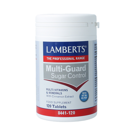 Lamberts Multi-Guard sugar control multivitamin tablets, 120 count, for blood sugar management and daily nutritional support.