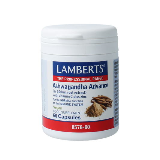 Lamberts Ashwagandha advanced herbal supplement capsules in a bottle, designed for natural stress support and wellness.