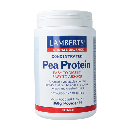 Lamberts Pea Protein Powder 360g container with amino acids label, natural green pea-based supplement for muscle support