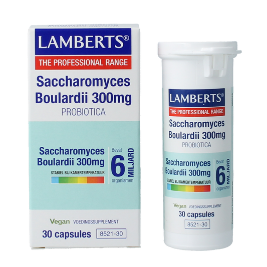 Lamberts Saccharomyces boulardii probiotic capsules, dietary supplement, in a white bottle with label, close-up view