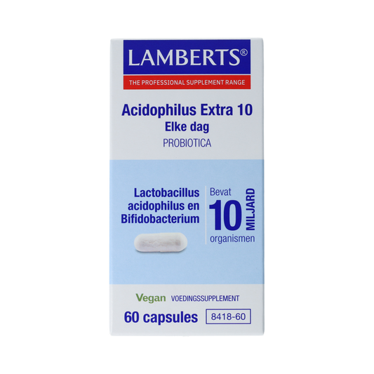 Lamberts Acidophilus Extra 10 probiotic capsules, micro-organism supplement in a bottle, shown with capsules in the image.