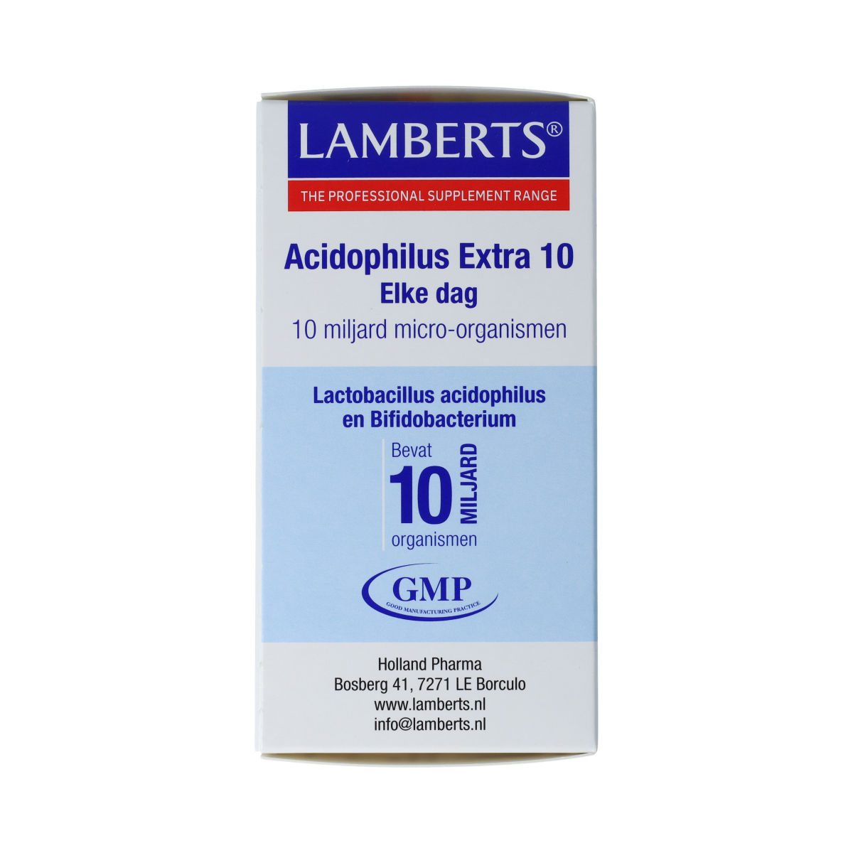 Lamberts Acidophilus Extra 10 probiotic capsules in a bottle, featuring micro-organisms for digestive health.