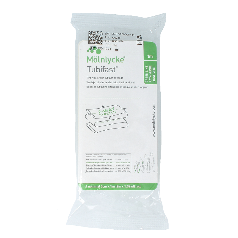 Tubifast Groen M 1-meter medical bandage on a white background, flexible fabric for wound care and medical support.
