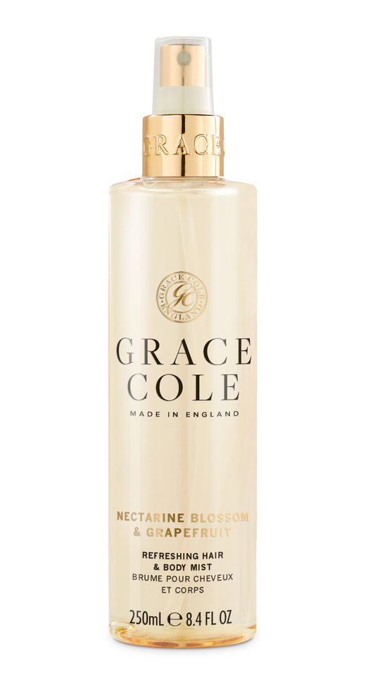 Grace Cole Nectarine Blossom & Grapefruit hair and body mist, 250ml, with fresh fruit scent and floral notes.