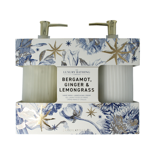 The Luxury Bathing Co Heavenly Hands hand wash and nail cream dispenser set, featuring elegant white bottles with pump tops.