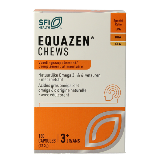 SFI Health Equazen Omega 3-6 Vetzuren chews in a container with colorful capsules visible inside.