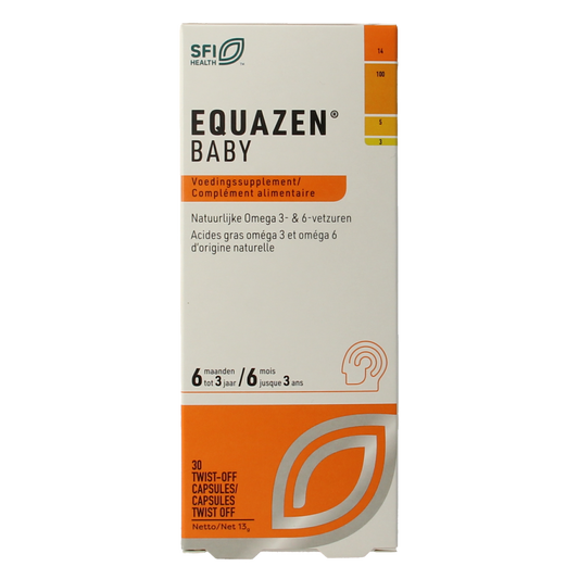 SFI Health Equazen baby omega-3 and 6 fatty acids in 30 ampules showing the product packaging and ampules.