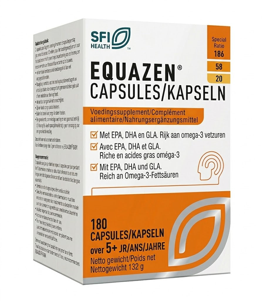 Equazen Omega 3-6 Vetzuren softgels in a bottle, dietary supplement by Equazen for healthy omega fatty acids.