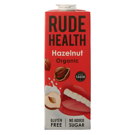 Rude Health organic hazelnut drink in a 1-liter bottle, natural nut beverage for dairy alternatives.