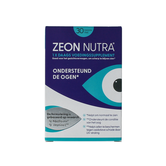 Zeon Nutra capsules, dietary supplement in a clear container, featuring 30 capsules for nutritional support and herbal health.