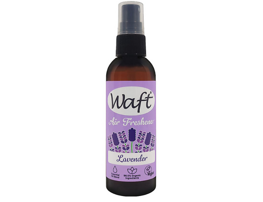 Waft lavendel luchtverfrisser in 100ml spray bottle, toiletreiniger en verfrisser with lavender scent in a transparent bottle.