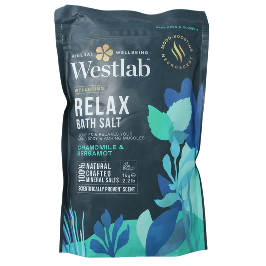 Westlab Badzout Wellbeing Relax bath and shower salt in 1000g container, natural mineral bath salt for relaxation.