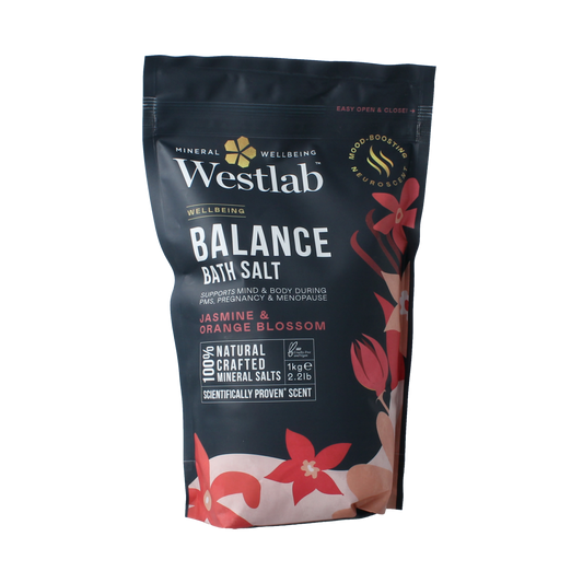 Westlab Badzout Wellbeing Balance bath and shower salt in a 1000g container, natural mineral bath product for relaxation.