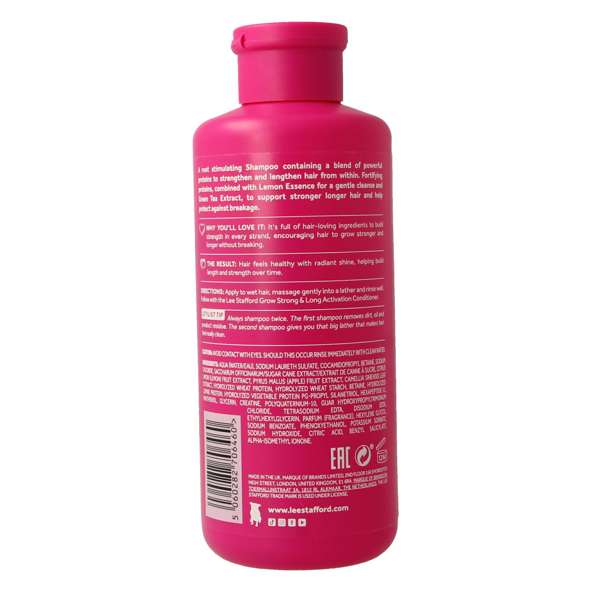 Lee Stafford Grow Long & Strong activation shampoo bottle, 250ml, in a sleek haircare bottle with a blue and white label.