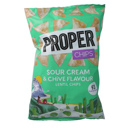 Proper Chips sour cream and chive flavor chips in an 85g bag, crispy salted chips with sour cream and chive seasoning.