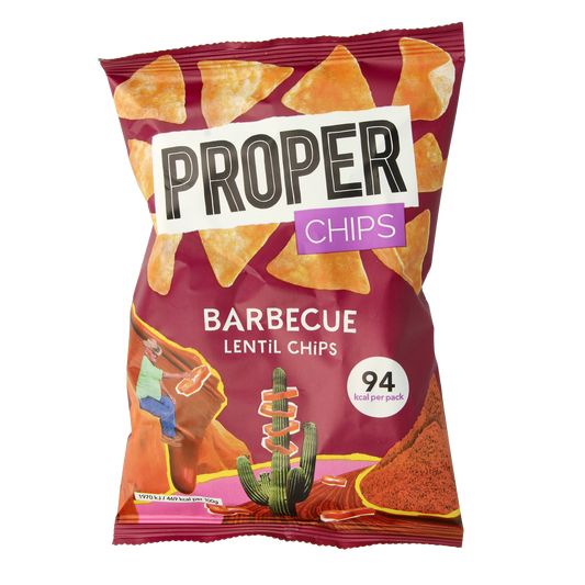 Proper Chips barbecue gluten-free chips in 20g package, crispy snack with smoky flavor, from Proper Chips brand.