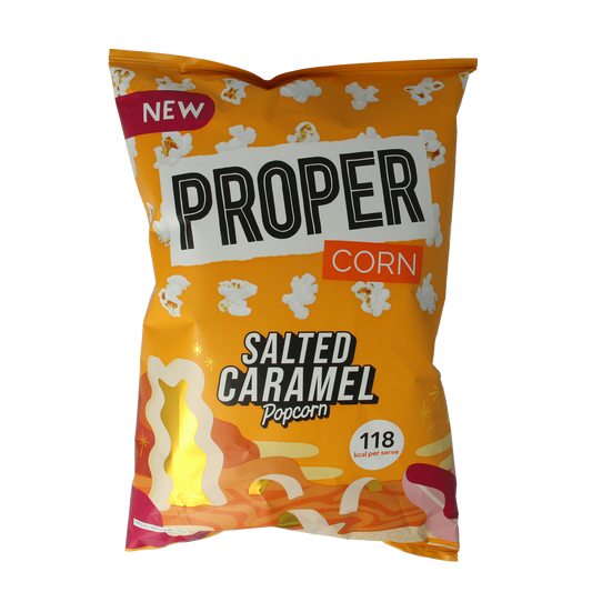 Proper Corn salted caramel popcorn snack in 90g bag, showing golden caramel-coated popcorn pieces and branded packaging.