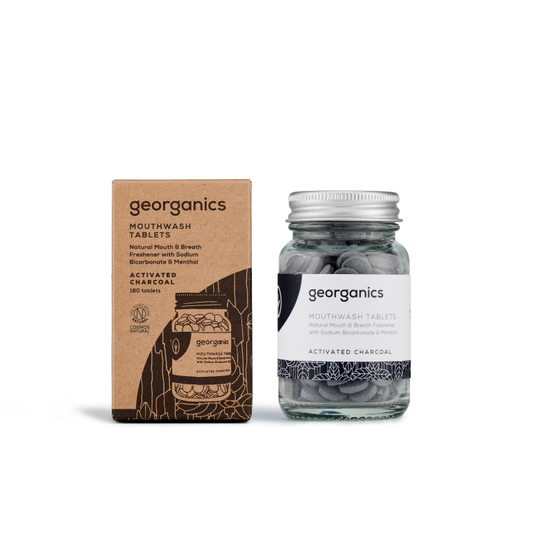 Georganics activated charcoal mouthwash tablets, 180-count, natural oral care tablets for fresh breath and oral hygiene.