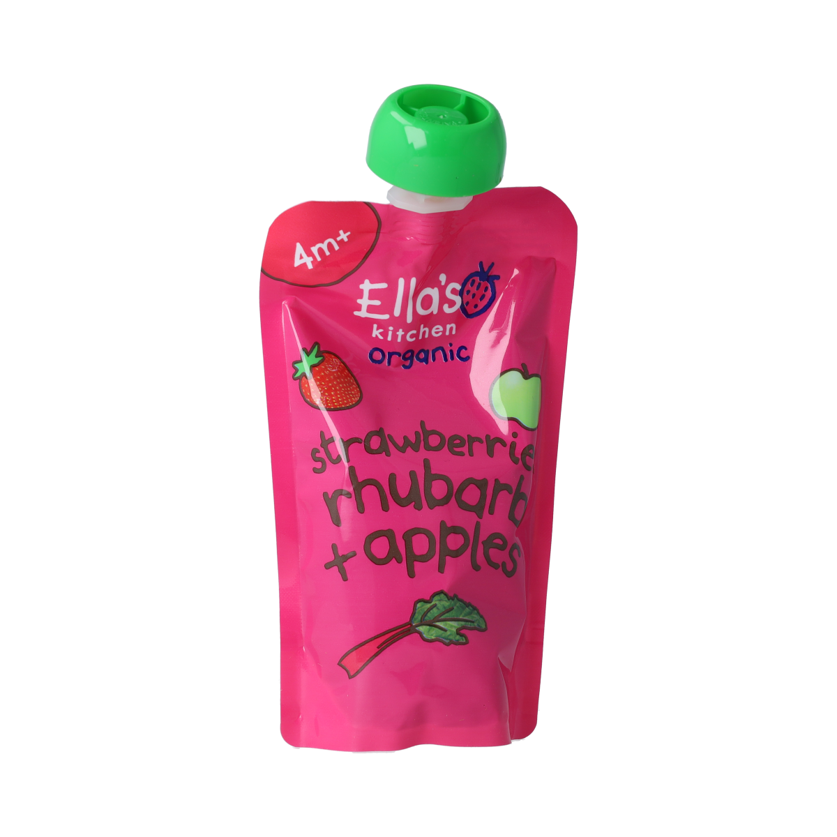 Ella's Kitchen strawberry, rhubarb, and apple baby food pouch for 4+ months, 120g, organic, with colorful fruit images on the pouch