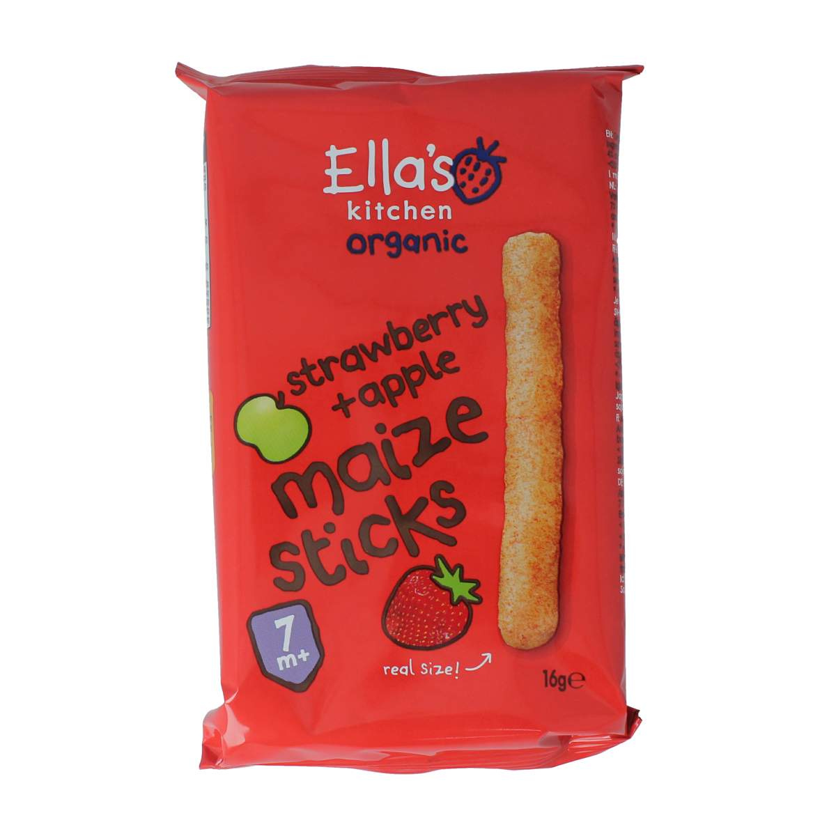 Ella's Kitchen maize sticks with strawberry and apple flavor for babies 7+ months, organic baby and toddler food, 16 grams.