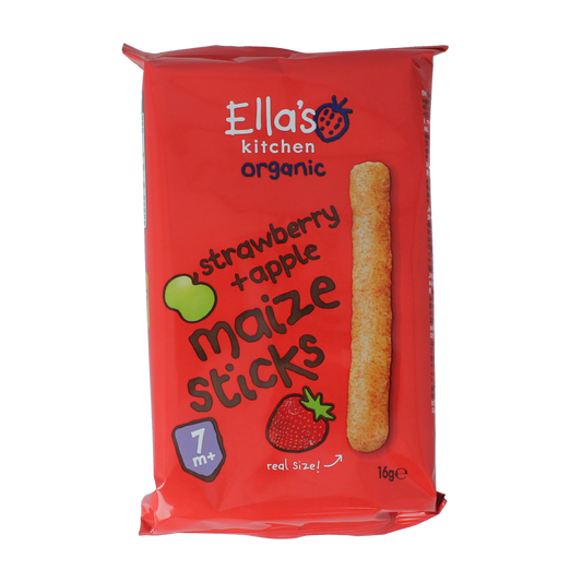 Ella's Kitchen maize sticks with strawberry and apple flavor for babies 7+ months, organic baby and toddler food, 16 grams.