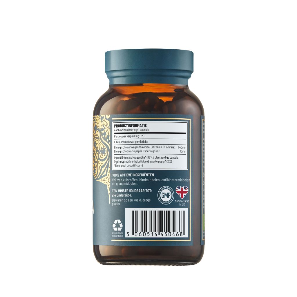 Ayurvediq biologische Ashwagandha capsules in a bottle, part of Ayurvediq kruidenpreparaten supplement line.