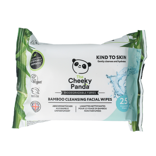 The Cheeky Panda Bamboe fragrance-free facial cleansing wipes, 25 count, showing bamboo packaging and wipes in hand.