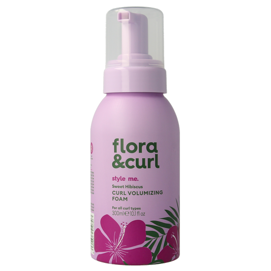 Flora & Curl Hibiscus Volumizing Foam in a 300ml bottle, natural hair care product for added volume and hydration.