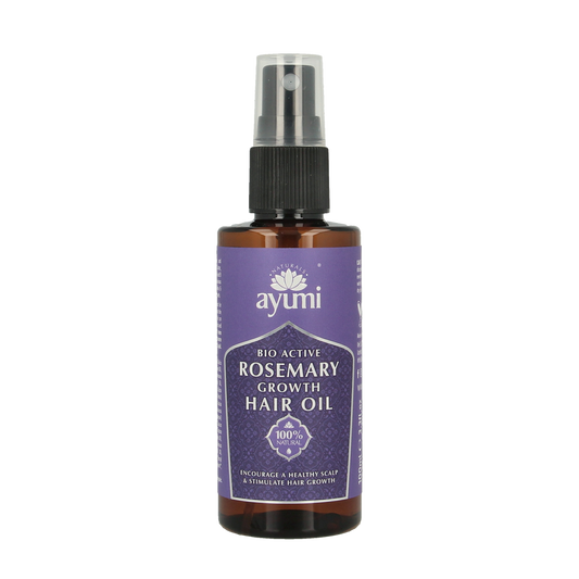 Ayumi Rosemary hair growth oil bottle, 100ml, in a clear container with a label, for natural hair care and hair growth.