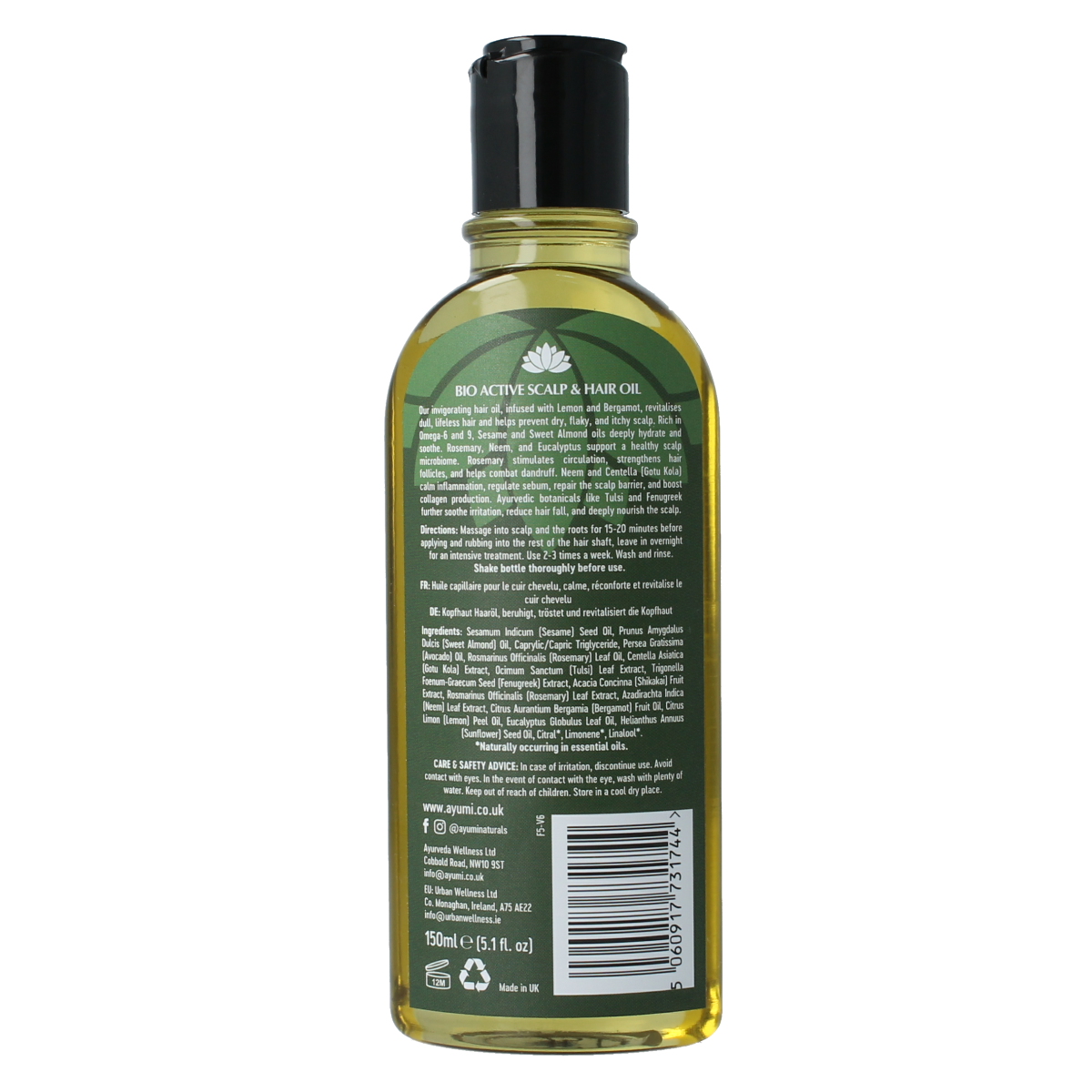 Ayumi Scalp Hair Oil bottle, 150ml, in a clear glass container with a dropper cap, used for hair and scalp nourishment.