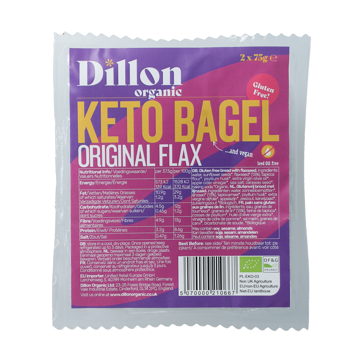 Dillon Organic gluten-free flaxseed bagel from the organic bagel line, 150g, shown on a white background.