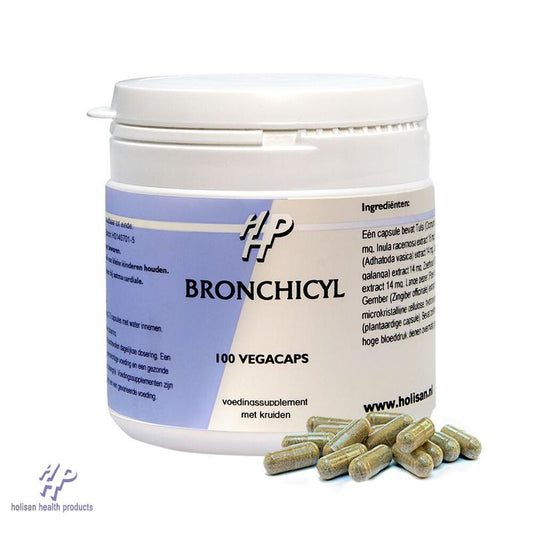 Holisan Bronchicyl 100 vegetarian herbal capsules in a bottle, used for respiratory support and herbal health remedies.