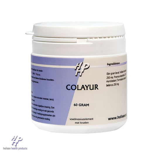 Holisan Colayur kruidenpreparaat in 60g pack, herbal supplement with mixed dried herbs and plant ingredients.
