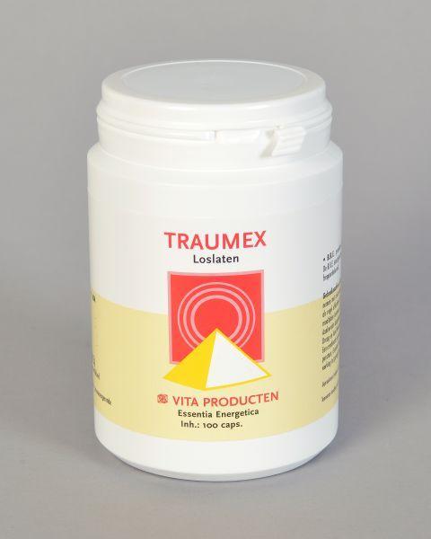 Vita Traumex 100 capsules in a bottle, herbal supplement by Vita, showing the product label and capsules inside.