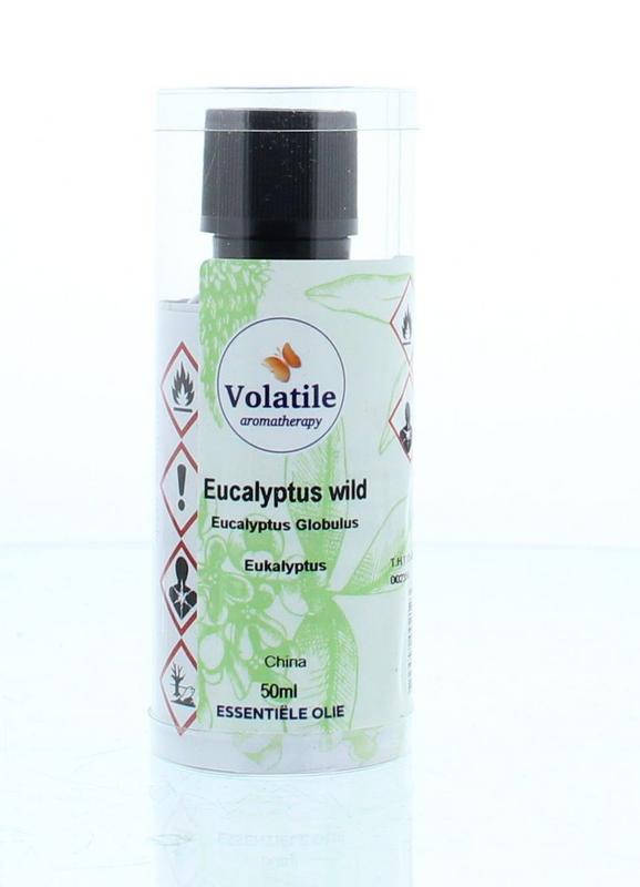 Volatile Eucalyptus Wild essential oil bottle, 50ml, featuring a clear glass container with a green label and dropper cap.
