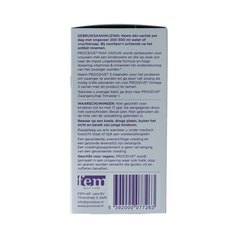 Proceive Kinderwens Max vrouw multivitamine sachets, 30 stuks, supplement voor vruchtbaarheid, in close-up van de sachets.