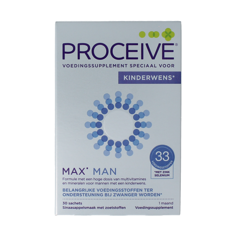 Proceive Kinderwens Max Man multivitamin sachets, 30 pieces, featuring colorful sachet packaging with vitamin and supplement labels.