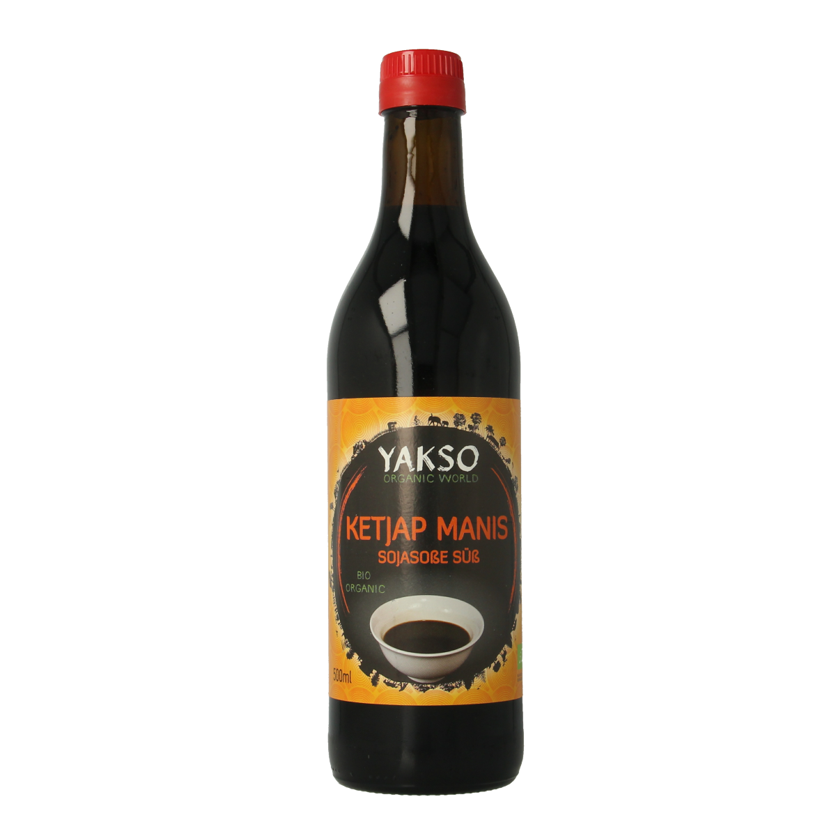 Bottle of Yakso Bio Ketjap Manis sauce, 500ml, in a clear plastic container with a yellow label and dark brown sauce inside.