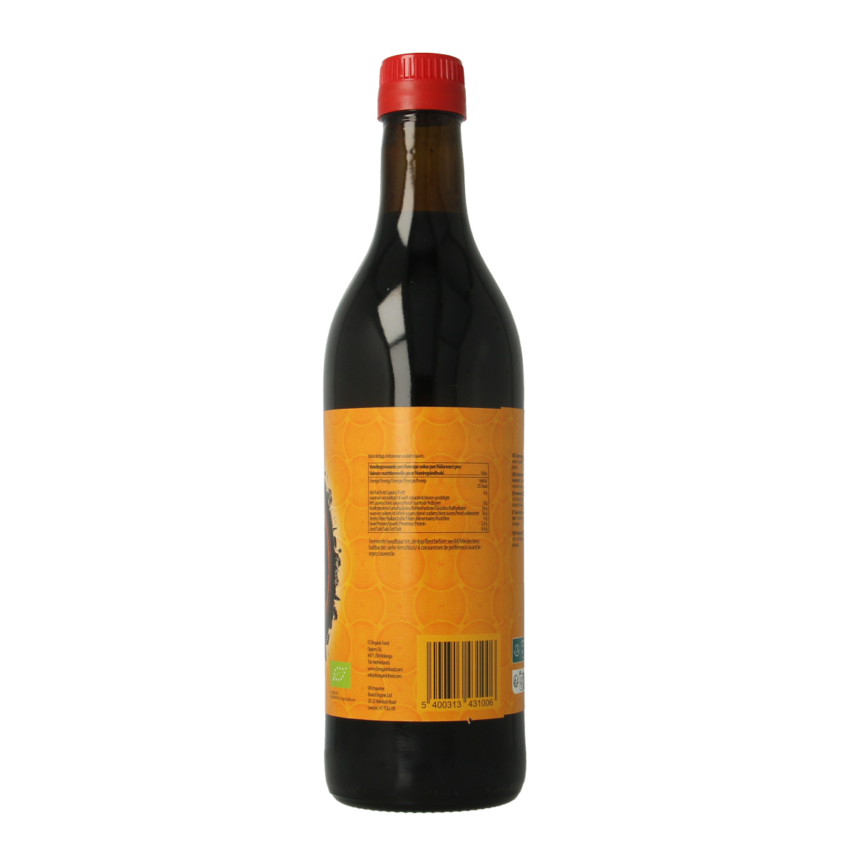 Yakso Ketjap Manis bio sauce bottle, 500ml, in a clear glass container with a dark soy-based sauce visible inside.