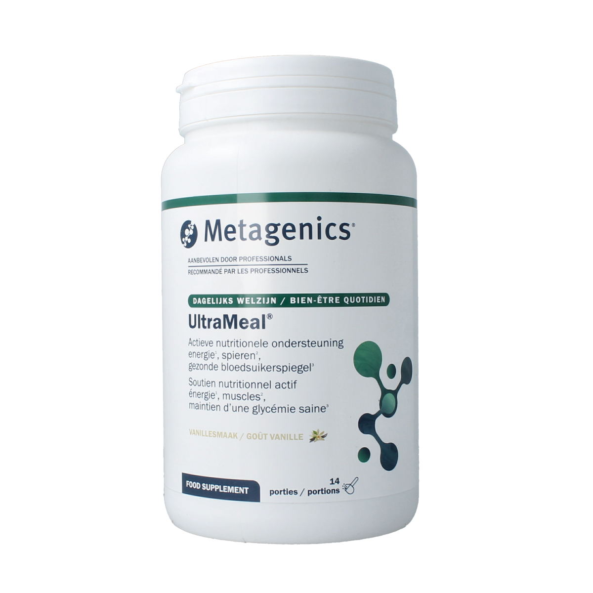 Metagenics Ultra Meal Vanille amino acid supplement container showing 630g package with vanilla flavor label.