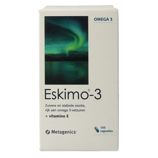 Bottle of Metagenics Eskimo 3 Vetzuren capsules, omega-3 supplement with 105 softgel capsules for healthy heart and brain support.