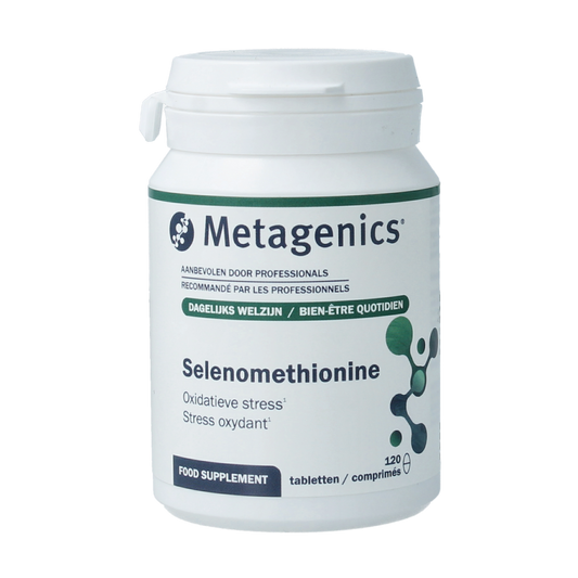 Metagenics Selenomethionine mineral supplement bottles with white tablets in blister packaging, close-up of product label.
