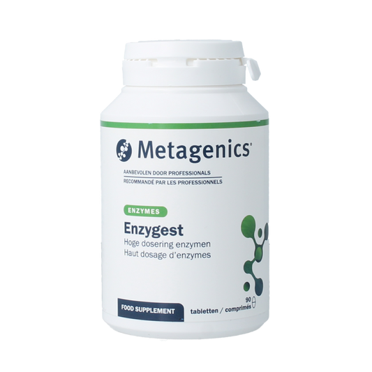 Metagenics Enzygest 90 tablets, dietary fibers and enzymes supplement, showing the bottle and tablets inside.