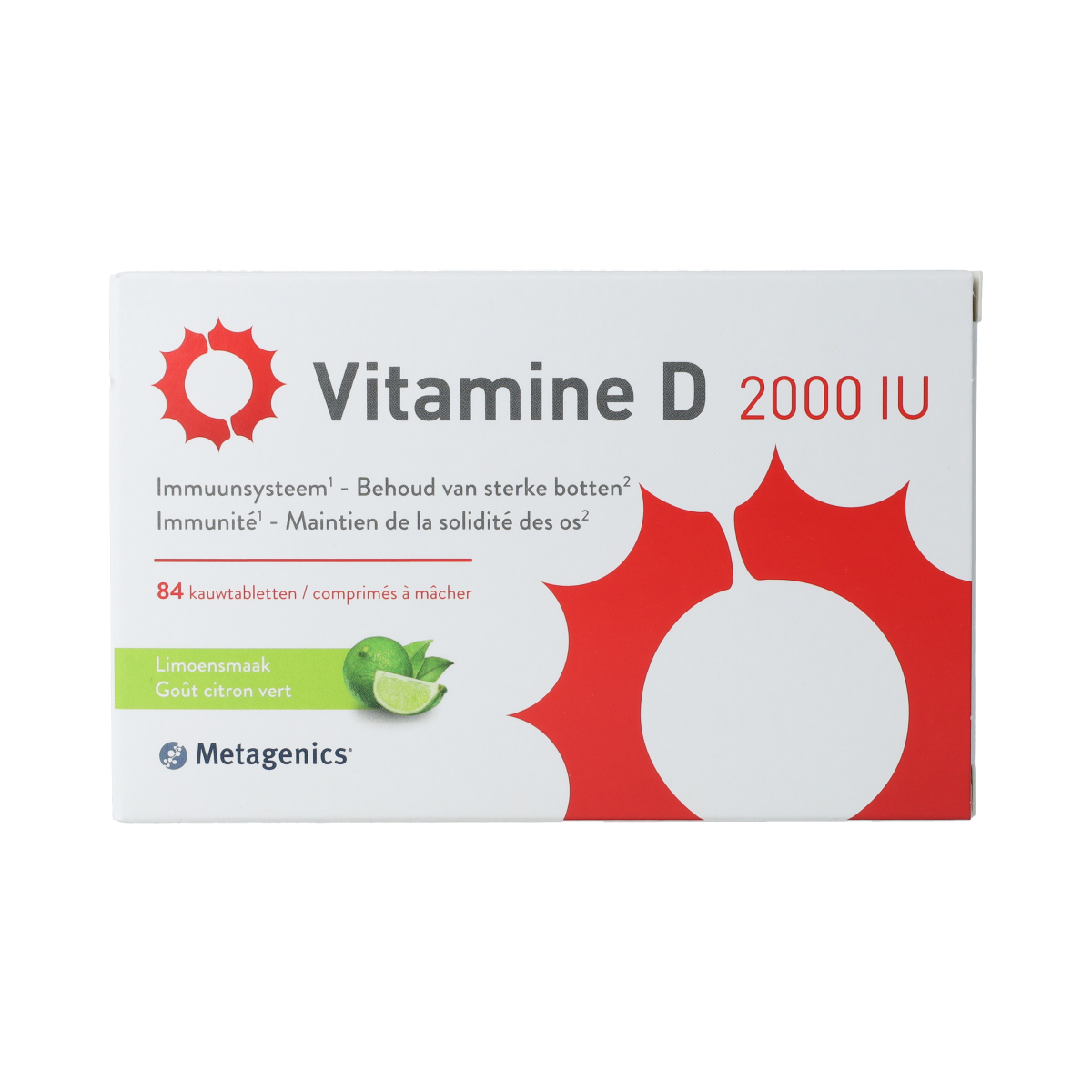 Metagenics Vitamin D 2000IU tablets bottle showing 84 tablets, supplement for immune support and bone health.