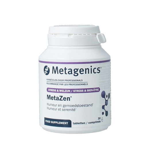 A bottle of Metagenics Metazen amino acid tablets, 30 count, with the label showing dietary supplement information.
